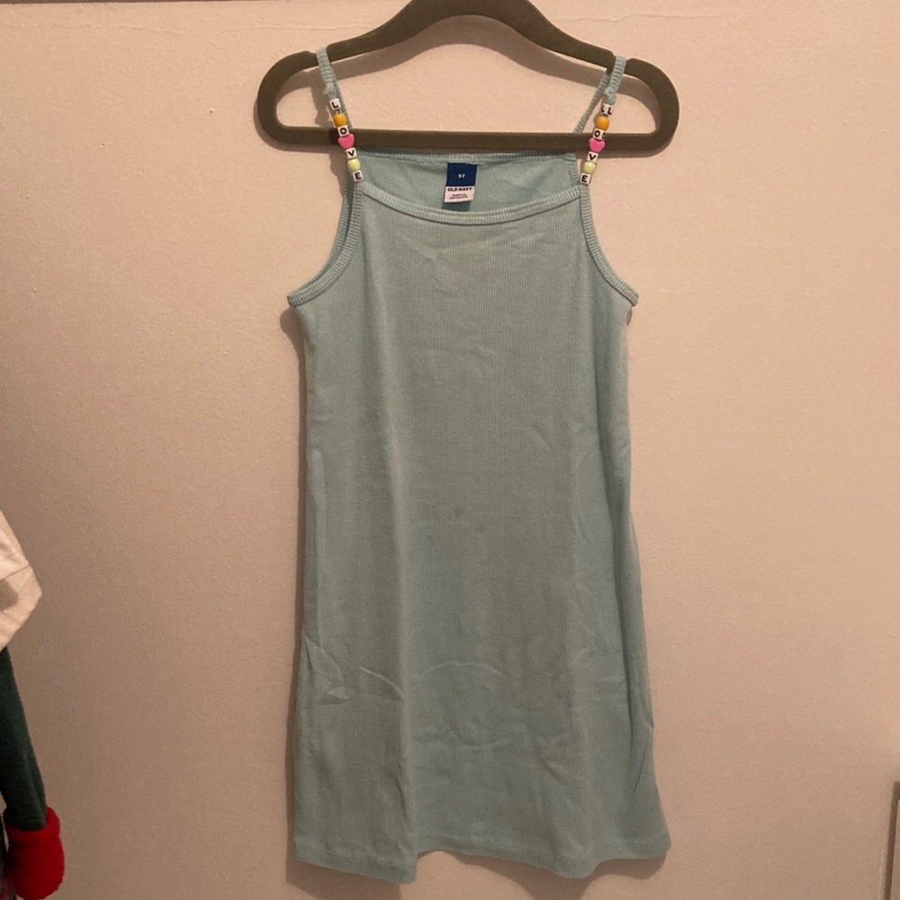 Old Navy 5T Light Blue Sleeveless Dress w Beaded Straps “LOVE”. Stains pictured